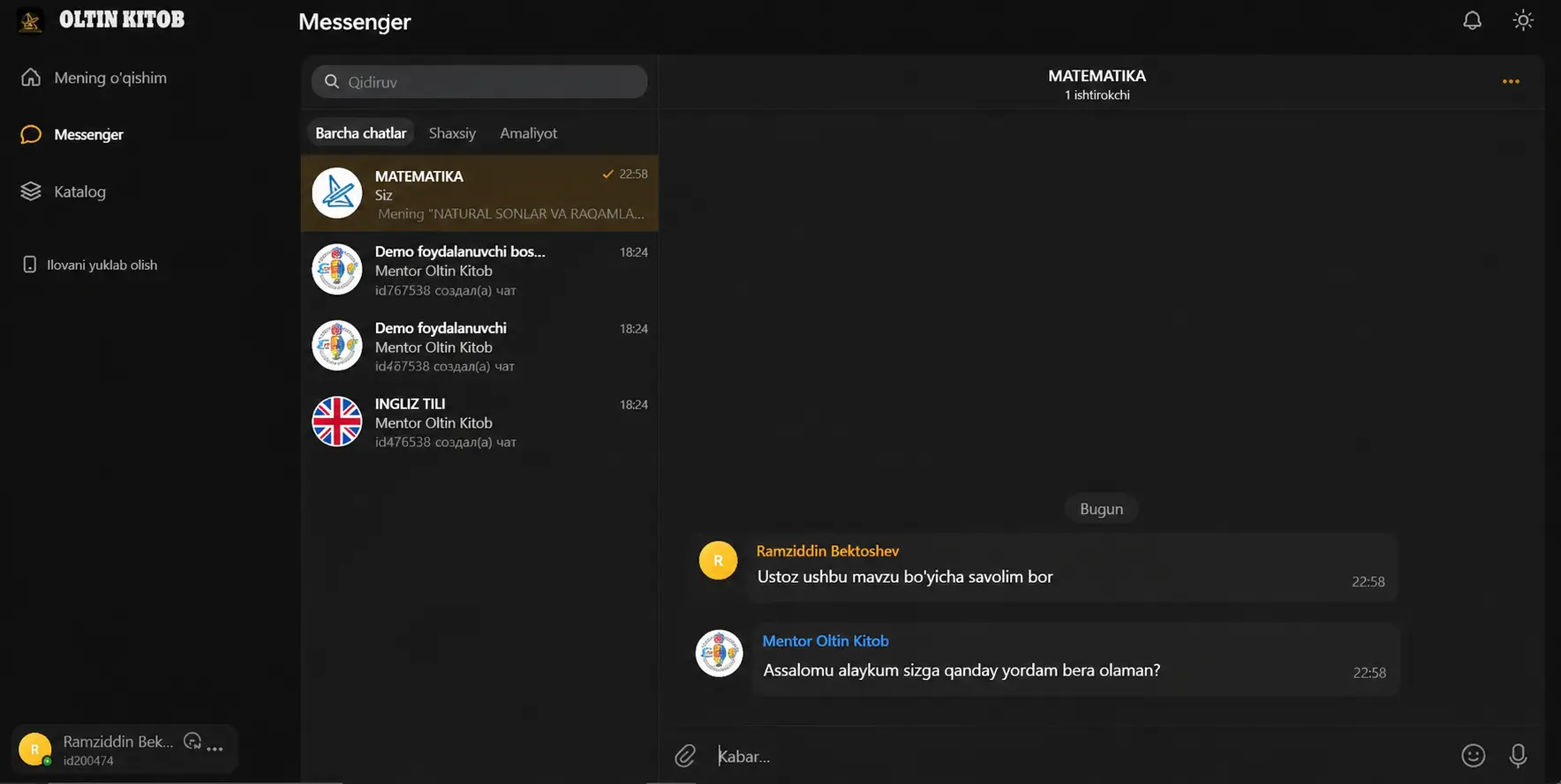 Mentor bilan chat orqali muloqot